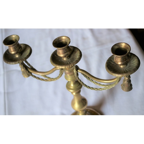 48 - Vintage Brass Triple Sconce Candlestick with Gilt Rope and Tassel Design