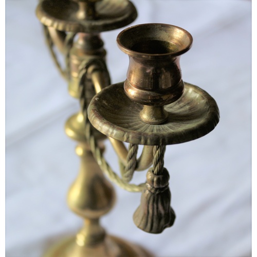 48 - Vintage Brass Triple Sconce Candlestick with Gilt Rope and Tassel Design