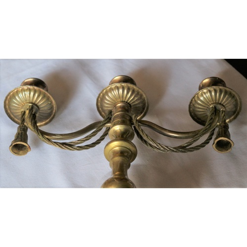 48 - Vintage Brass Triple Sconce Candlestick with Gilt Rope and Tassel Design