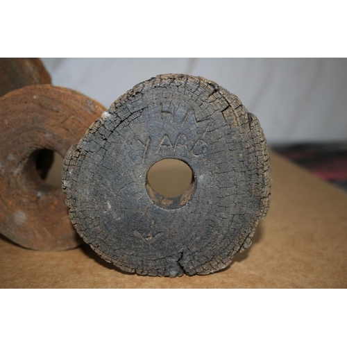 14 - WW11 Military Wooden Block Rope Rollers - Marked Where Linked To