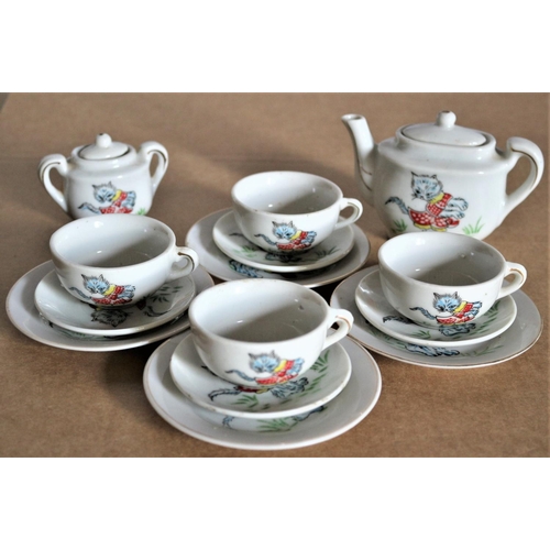 24 - 14 Piece Childrens China Tea Set - Cups, Saucers and Sandwich Plates. Also Teapot and Sugar Pot. Cat... 