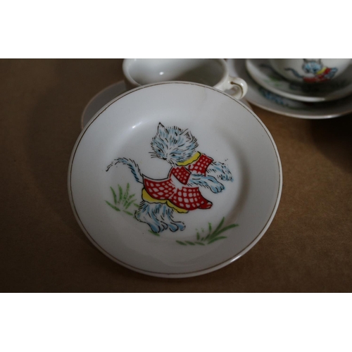 24 - 14 Piece Childrens China Tea Set - Cups, Saucers and Sandwich Plates. Also Teapot and Sugar Pot. Cat... 