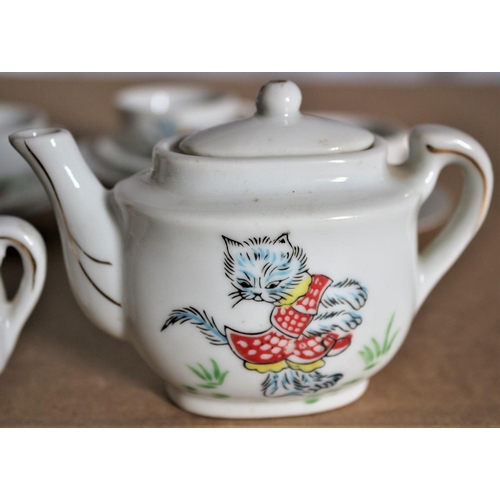 24 - 14 Piece Childrens China Tea Set - Cups, Saucers and Sandwich Plates. Also Teapot and Sugar Pot. Cat... 