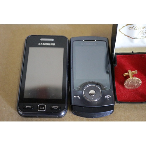 75 - 2 Samsung Mobile Phones, (un-tested) and a Pair of Boxed Cufflinks