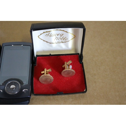 75 - 2 Samsung Mobile Phones, (un-tested) and a Pair of Boxed Cufflinks