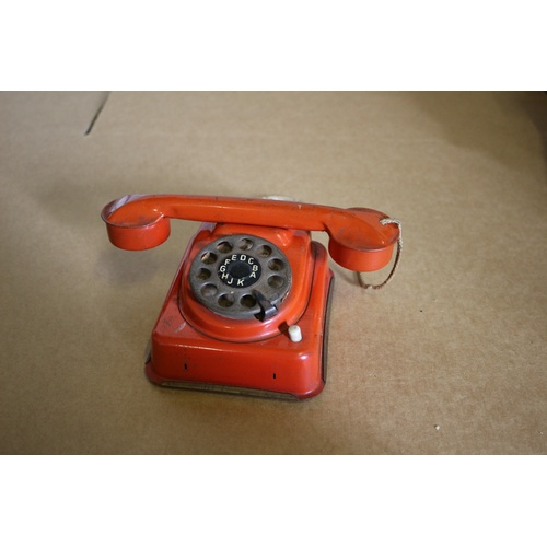 105 - Vintage Tin Telephone Toy with Moving Dial and Ring button