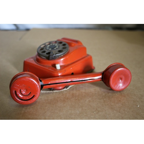 105 - Vintage Tin Telephone Toy with Moving Dial and Ring button