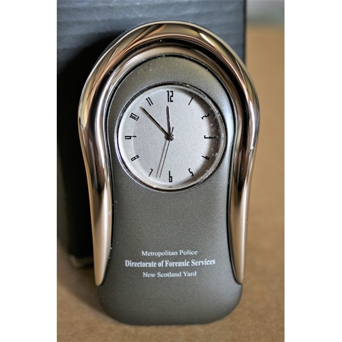 114 - Boxed Metropolitan Police Directorate of Forensic Services - New Scotland Yard Desk Clock Made from ... 