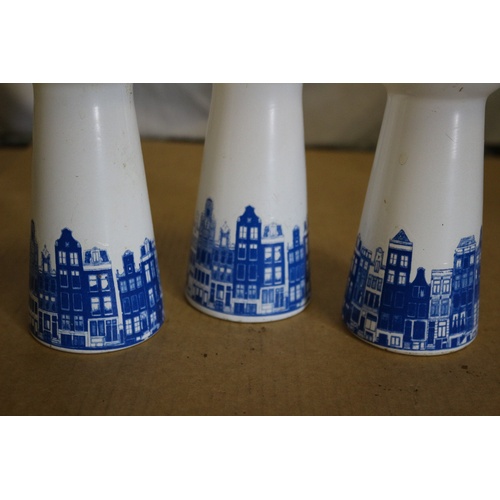 140 - Set of 3 Dutch Painted Glass, (Delft Styling), Hyacinth Bulb Top Vases