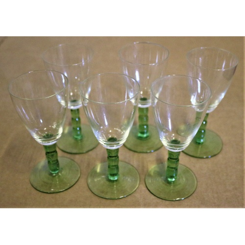 195 - Set of 6 Vintage Green Bobbin Style Stemmed Glasses