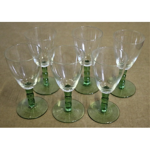 195 - Set of 6 Vintage Green Bobbin Style Stemmed Glasses