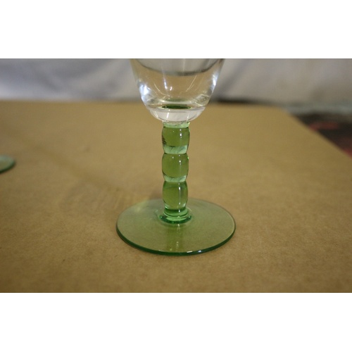 195 - Set of 6 Vintage Green Bobbin Style Stemmed Glasses