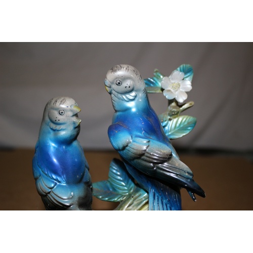 196 - Vintage Foreign Pair of Budgerigar's on a Branch Pottery Decorative Piece