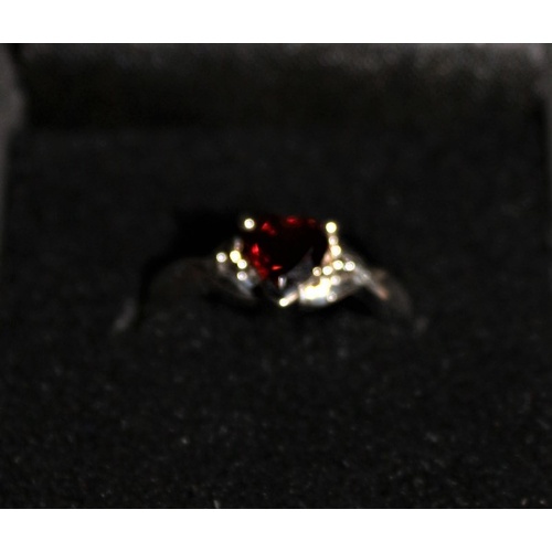 28 - Brand New Sterling Silver and Heart Shaped Garnet Ring - Size N. With Box and Tag