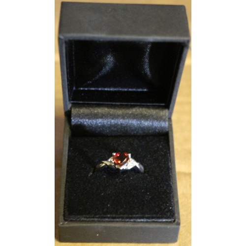 28 - Brand New Sterling Silver and Heart Shaped Garnet Ring - Size N. With Box and Tag