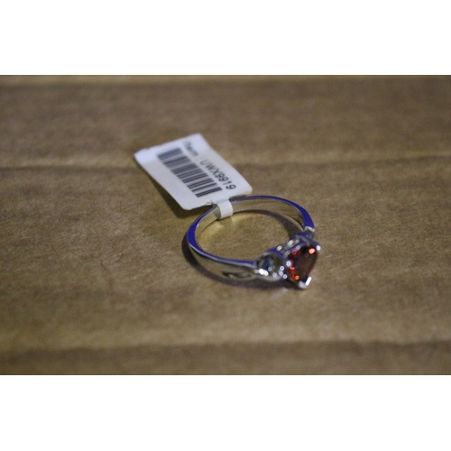 28 - Brand New Sterling Silver and Heart Shaped Garnet Ring - Size N. With Box and Tag