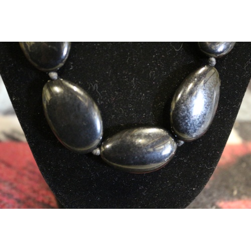 30 - Flat Smooth Pebble Style Jet Black Beads Necklace