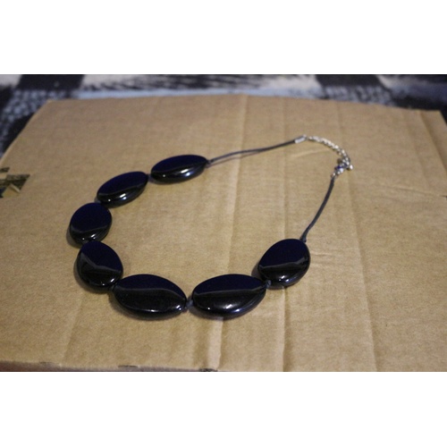 30 - Flat Smooth Pebble Style Jet Black Beads Necklace