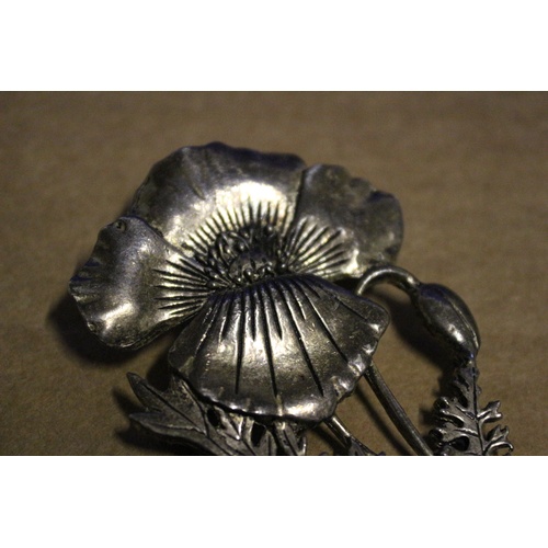 32 - Ornate Vintage Poppy Brooch by MASJ. Silver Coated Pewter