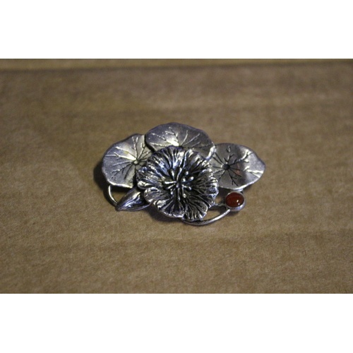 43 - Vintage MASJ Flower Brooch - Silver Plated Pewter with Deep Red Stone