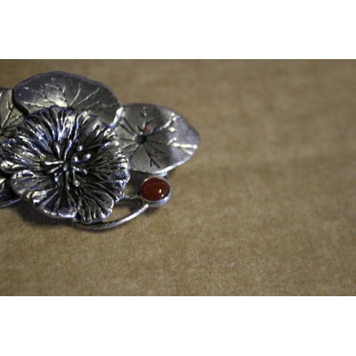 43 - Vintage MASJ Flower Brooch - Silver Plated Pewter with Deep Red Stone