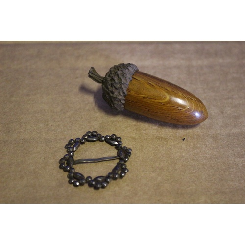 422 - Vintage Hand Carved Acorn with Removable Top and Hollowed Inner Plus Antique Buckle Top