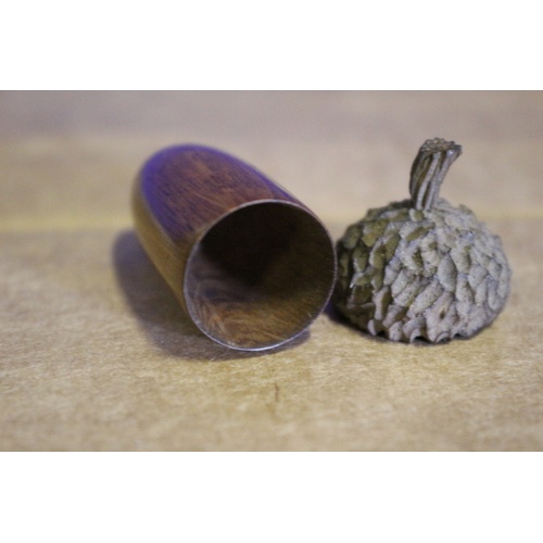 422 - Vintage Hand Carved Acorn with Removable Top and Hollowed Inner Plus Antique Buckle Top