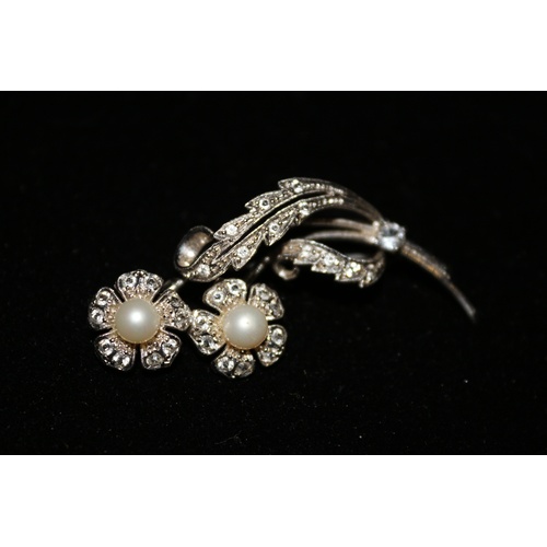 428 - Lovely Silver 925 Marked Floral Brooch with Several Stones and (faux?) Pearls