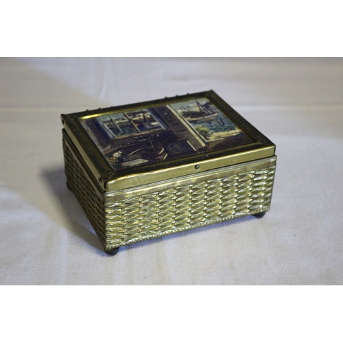 32 - Metal Plated Trinket Box with Coastal Scene Picture on the Lid