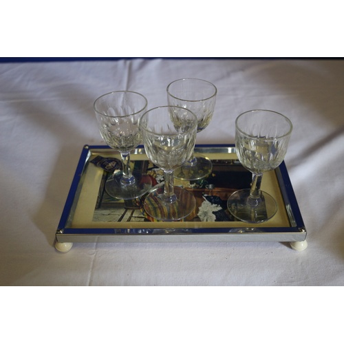 115 - Vintage Stainless Steel Small Tray with Welsh Picture from Zimco and 4 Sherry Glasses