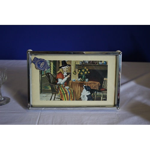 115 - Vintage Stainless Steel Small Tray with Welsh Picture from Zimco and 4 Sherry Glasses