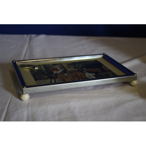 115 - Vintage Stainless Steel Small Tray with Welsh Picture from Zimco and 4 Sherry Glasses