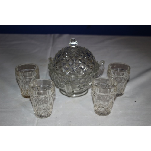 116 - Vintage Decorative Glass Dome Top Conserve/Jam Pot and 4 Shot Glasses, (one has a small chip)