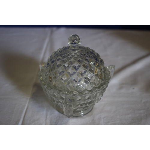 116 - Vintage Decorative Glass Dome Top Conserve/Jam Pot and 4 Shot Glasses, (one has a small chip)