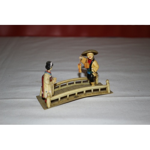 63 - Vintage Miniature Oriental People Walking on a Bridge