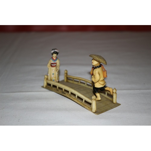 63 - Vintage Miniature Oriental People Walking on a Bridge