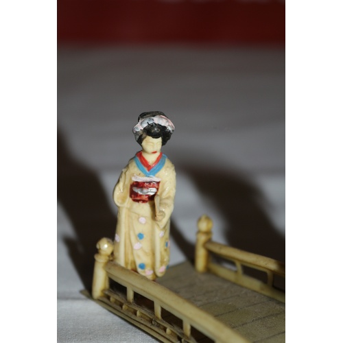 63 - Vintage Miniature Oriental People Walking on a Bridge