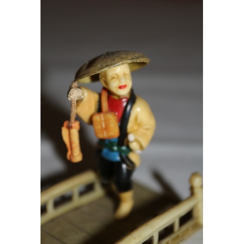 63 - Vintage Miniature Oriental People Walking on a Bridge