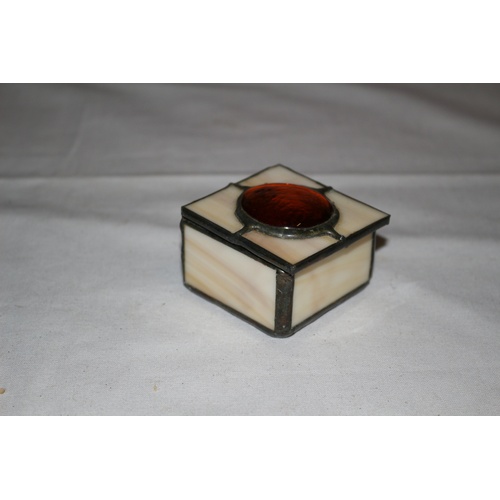 68 - Unusual Small Trinket Box with Large Glass Stone on the Lid and Possibly Enameled Inserts