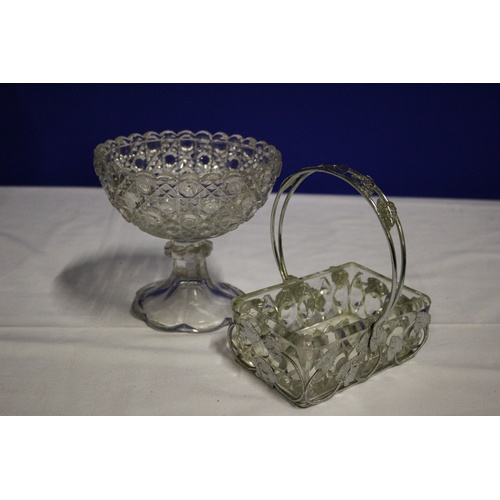 104 - 2 x Heavy Glass Items, Bon Bon Bowl and a Basket in Stainless Steel Carry Holder