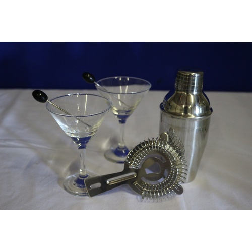 206 - Cocktail Set Comprising Shaker, Blender, two Glasses and 2 Olive/Cherry Holders