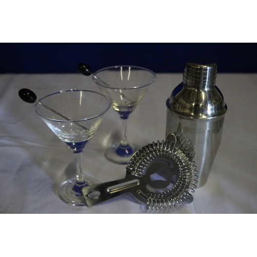 206 - Cocktail Set Comprising Shaker, Blender, two Glasses and 2 Olive/Cherry Holders