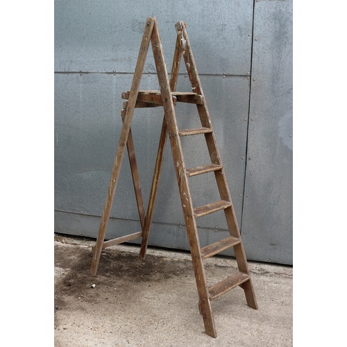 459 - Vintage 5 Rung Wooden Ladder with Shelf.