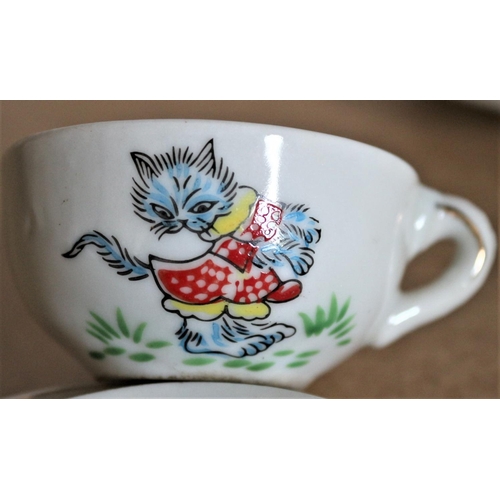 485 - 14 Piece Childrens China Tea Set - Cups, Saucers and Sandwich Plates. Also Teapot and Sugar Pot. Cat... 