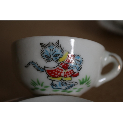 485 - 14 Piece Childrens China Tea Set - Cups, Saucers and Sandwich Plates. Also Teapot and Sugar Pot. Cat... 