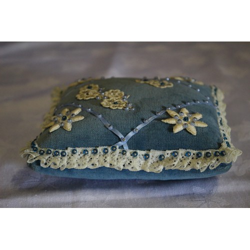 19 - Vintage/Antique Square Pin Cushion with Lace Patterning on it and around the Edge