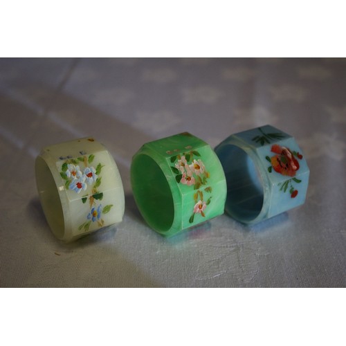 20 - Set of 6 - Tri-coloured - Hand Painted with Floral Design, Vintage Plastic Napkin Rings