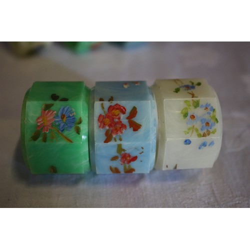 20 - Set of 6 - Tri-coloured - Hand Painted with Floral Design, Vintage Plastic Napkin Rings