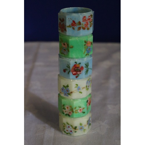 20 - Set of 6 - Tri-coloured - Hand Painted with Floral Design, Vintage Plastic Napkin Rings