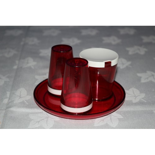 21 - Vintage Deep Red Plastic Condiment Set on Small Circular Stand